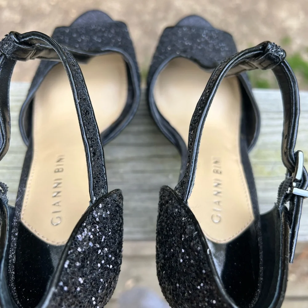 GIANNI BINI Open Toe Black Platform Sparkle Glitter Heels Women’s 7.5
